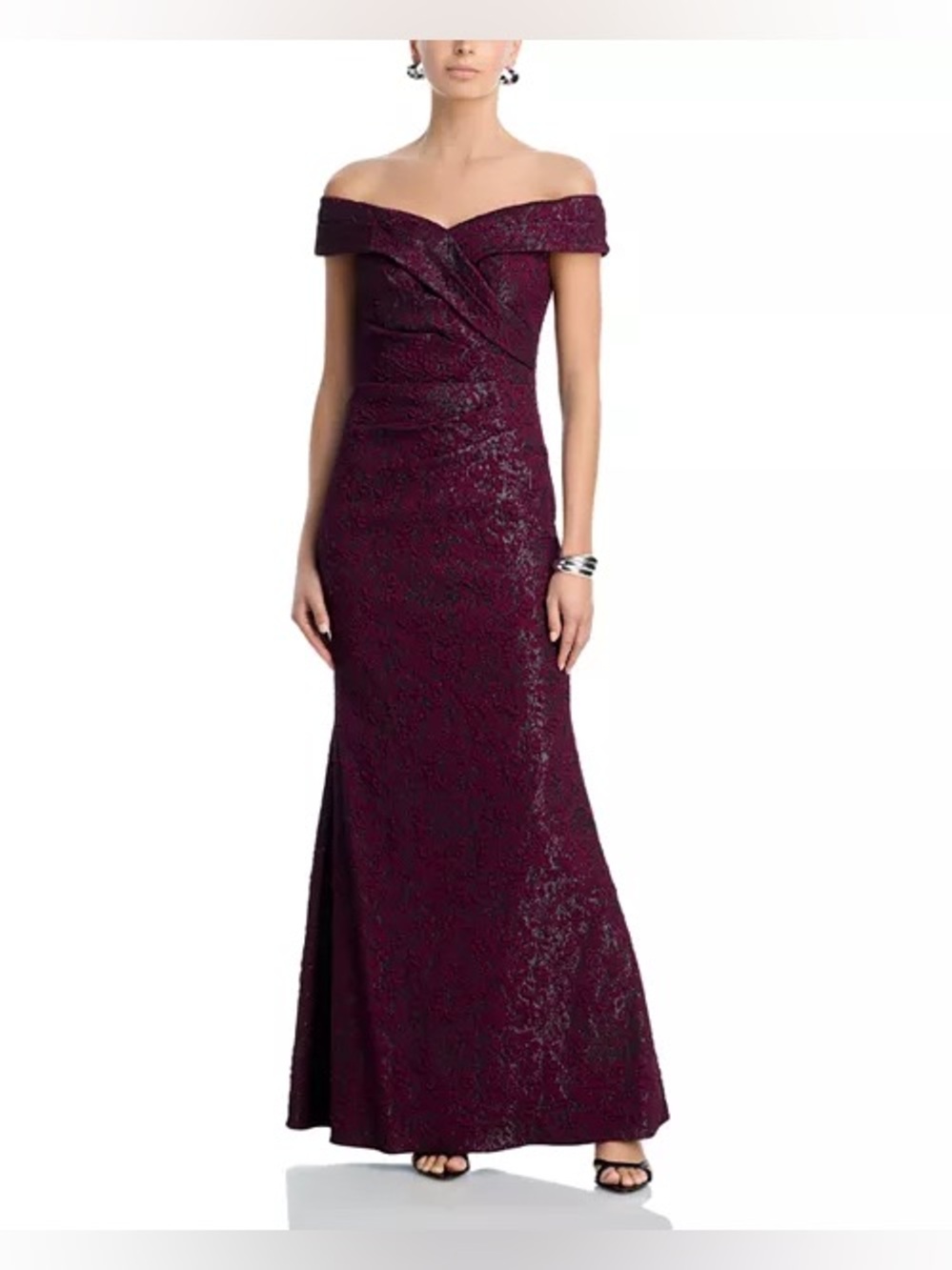 Adrianna Papell Wine Burgundy Black Jacquard Off Shoulder Maxi Gown Size 2